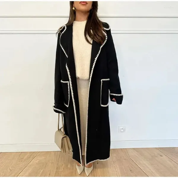 Giacche da donna Trench lungo per le donne Misto lana grigia Cappotto con punto aperto con cintura Moda Streetwear 2023 Autunno Inverno Lady Elegante