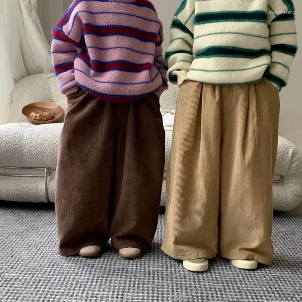 Брюки зимние для мальчиков и девочек, однотонные, вельветовые, с флисовой подкладкой, широкие брюки, 2023, корейские детские повседневные свободные хлопковые брюки