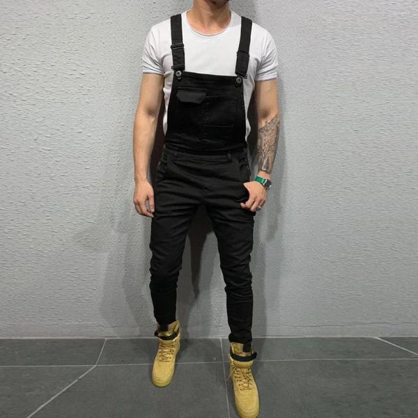 Calças masculinas homens geral suspender bolso jeans cor sólida carga trabalho desgaste macacão streetwear reto de alta qualidade