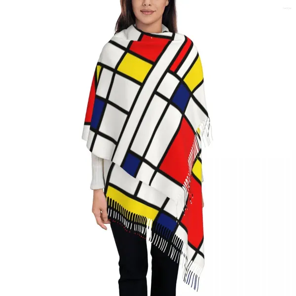 Sciarpe Sciarpa da donna con nappa Composizione Mondrian Grande scialle invernale autunnale Avvolgente Arte geometrica astratta Abbigliamento quotidiano Cashmere