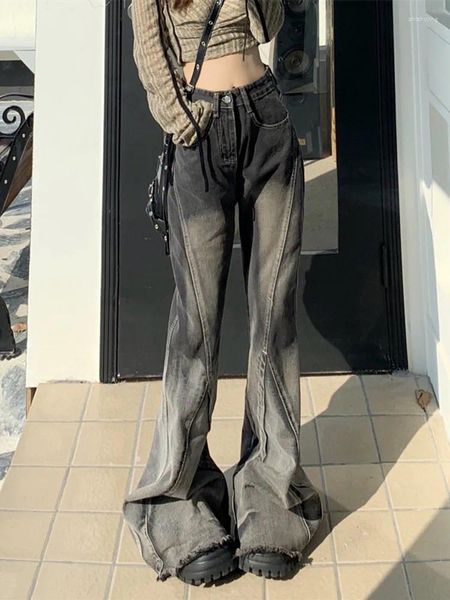 Jeans da donna 2023 High Street Vintage Grigio Y2K Streetwear Pantaloni larghi a zampa d'elefante per le donne Abbigliamento Ropa Grunge Lady Hip Hop Pantaloni in denim