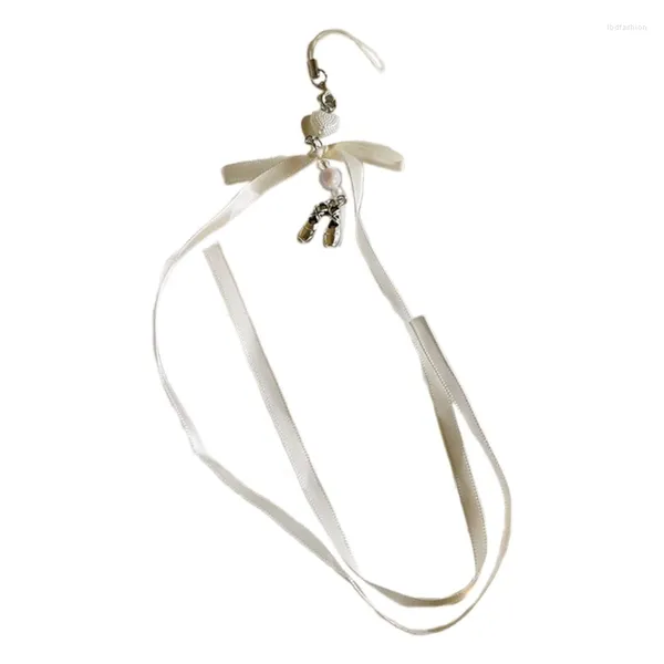 Anahtarlıklar Pembe/Beyaz Bowknot Balesi Şerit Şerit Telefon Kolye Zinciri Tatlı Boncuklu Kravat Aksesuarı Kızlar ve Kamera Çantaları