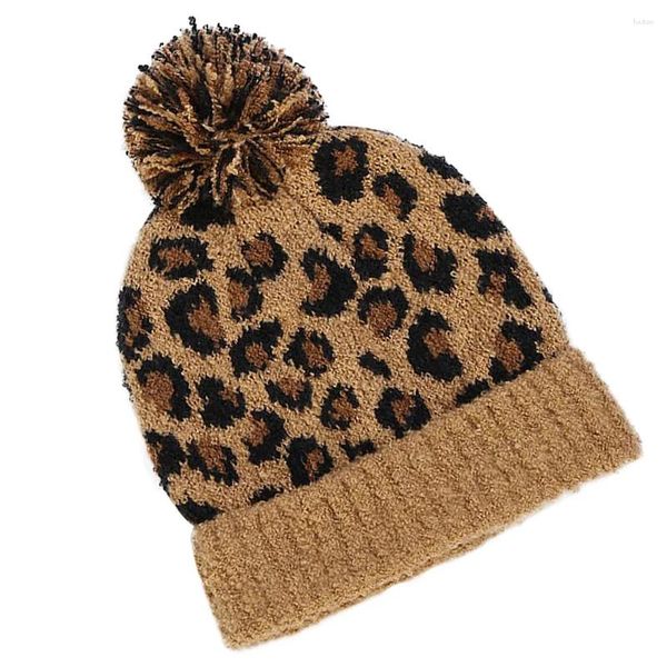 Baskenmütze mit Leopardenmuster, Mütze für Damen, gestrickte Bommelmütze aus Wolle für Damen, aus Haarballgarn