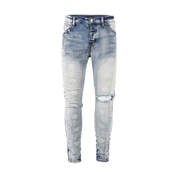 Designer amirssTide Brand Wash Water Light Blue Cashew Flower Knife Cut Hole Slim Fit Skinny Jeans für Männer und Frauen