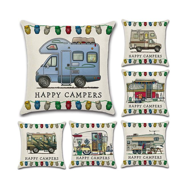 Happy Campers Federa per cuscino in lino quadrato Cuscini per divano Fodere per cuscini con chiusura a cerniera Decorazione per la casa 20 disegni FMT2065