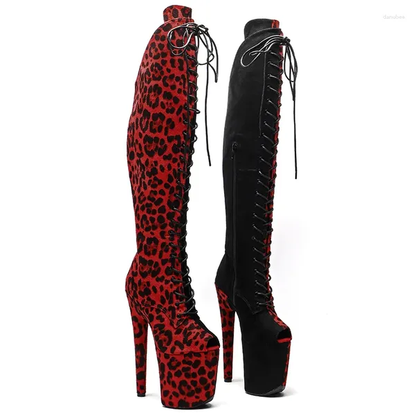 Stiefel Leecabe 20 cm/8 Zoll Leopardenrote Farbe mit schwarzem Wildleder-Obermaterial Damen-High-Heel-Plattform-Oberschenkel-Pole-Dance