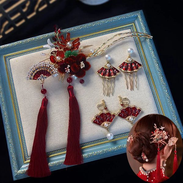 Headwear acessórios de cabelo chinês hanfu vermelho fã hairpins vestido vintage longo borlas clipe noiva jóias 231207