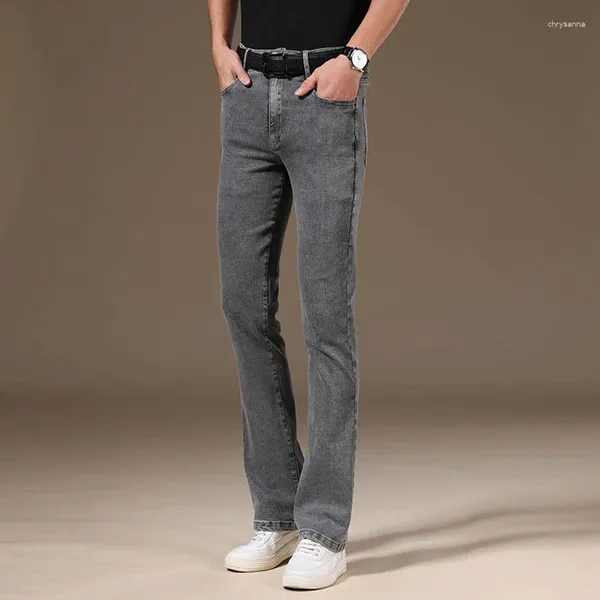 Jeans masculinos verão calças flare finas cintura média stretch jeans queimado