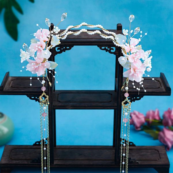 Teaves Saç Aksesuarları Tassel Çiçek Bant Çin Hanfu Peri İnci Kafa Bantları Tiaras Vintage Düğün Diadem Headdress Takı 231207