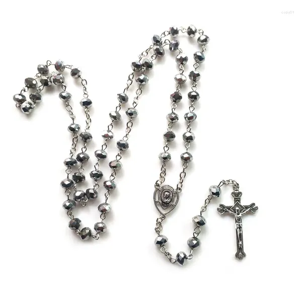 Anhänger Halsketten QIGO Grau Kristall Rosenkranz Halskette Lange Vintage Kreuz Katholisch Für Frauen Männer Religiöse Paryer Schmuck