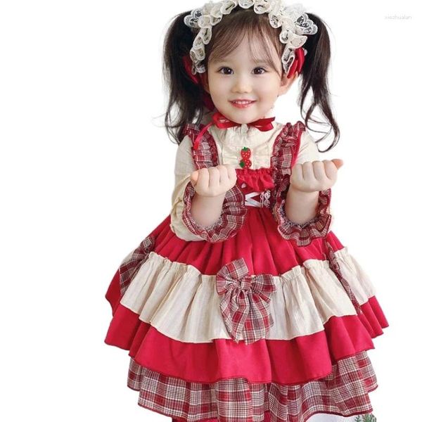 Vestidos de menina personalizados lolita manga longa vestido vermelho infantil roupas fofas princesa natal roupas de meninas