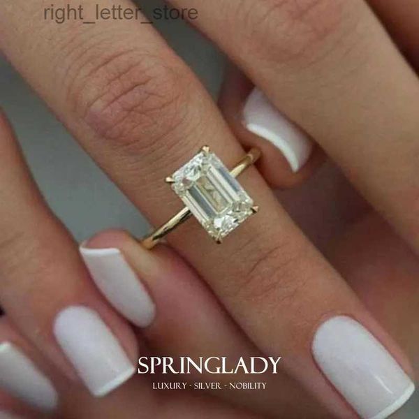 Solitaire Ring Springlady 925 STERLING Gümüş 8*10mm Emerald Kesme Dört Pençe Beyaz Yüksek Karbonlu Elmas Yüzük Kadın İnce Mücevher Aksesuarları YQ231207