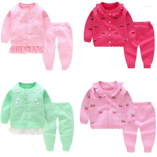 Conjuntos de roupas bebê outono inverno roupas rendas cereja impressão cardigan para meninas infantis crianças terno quente jaqueta calças malhas crianças suéteres