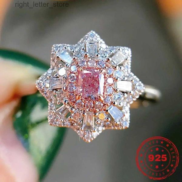 Anel solitário HOYON incrustado natural Agail rosa estilo diamante anel luxo incrustado estilo diamante princesa anel S925 prata cor joias YQ231207