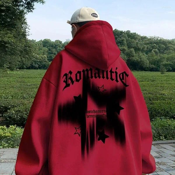 Männer Hoodies 2023 Graffiti Star Wein Rot Pullover Y2K Straße Marke Männer Amerikanischen Retro Übergroßen Hohen Mit Kapuze Lose beiläufige Mantel