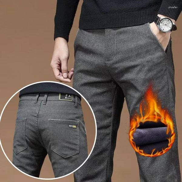 Pantaloni da uomo invernali classici in pile casual addensati moda dritti slim fit caldi pantaloni da ufficio da lavoro pantaloni termici da uomo