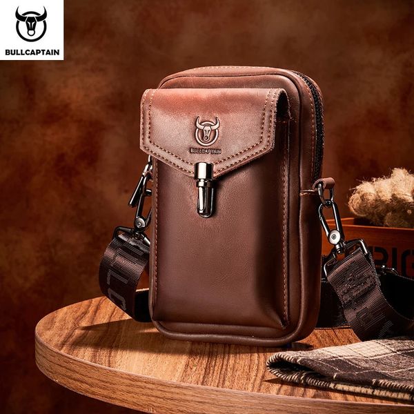 Sacos de cintura Bullcaptain Crazy Horse Couro Homens Cintura Sacos Multifuncional 7 Polegadas Saco de Telefone Móvel Masculino Ombro Mensageiro Bages Brown 231207