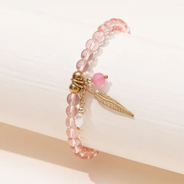 Strand Kirykle Light Pink Transparent Beads Stretch Pulseira Gold Tone Leaf Charm Joias para meninas mulheres pulseiras