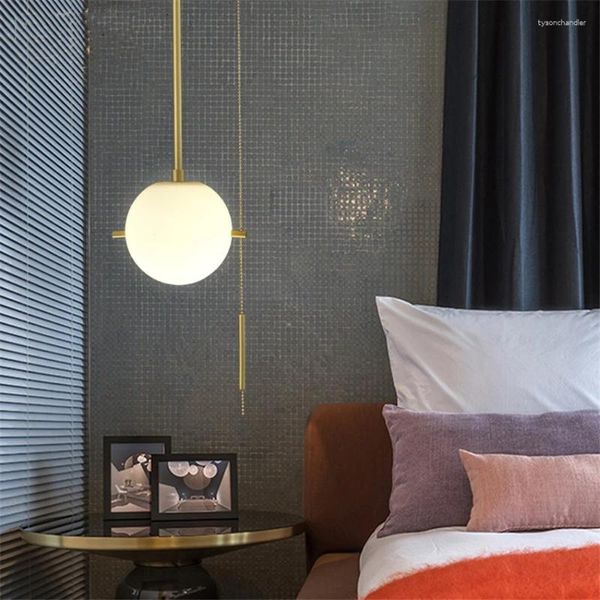 Lampade a sospensione Nordic Bronzo Testa singola Luci in vetro Camera da letto Comodino Bar Ingresso Corridoio Bagno Home Deco Interruttore a tirante