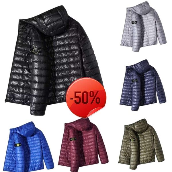 Desconto de Natal ~ Moletons Masculinos Moletons Stone Down Jacket Mens Algodão-acolchoado Fino Grosso Outono Inverno Designer Zipper Casaco Com Capuz para Homens e Mulheres Tendência