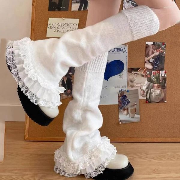 Women Socks Punk Dark Black Lace Over Knee Winter Warm Knit Y2K Covers Harajuku Boot Cuffs Japanese JK Lolita Sock