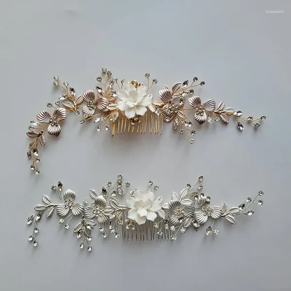 Fermagli per capelli SLBRIDAL Fatto a mano Ins Style Fiore in ceramica Foglia Strass Perla Pettine da sposa Accessorio per fascia da sposa Gioielli da donna