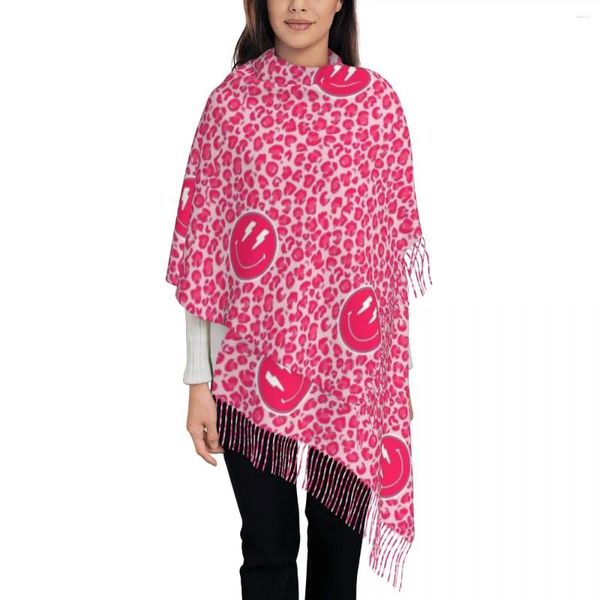 Schals Preppy Aesthetic Pink Schal für Damen Winter Warme Pashmina Schals und Wickel Leopardenmuster Lächeln Langer Schal Alltagskleidung