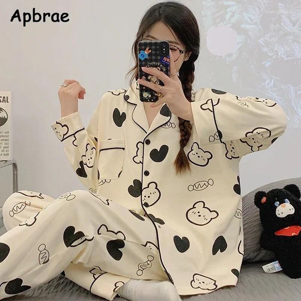 Indumenti da notte da donna Coreano Pigiama di cotone sintetico Primavera Autunno Cartoon Kimono Pigiama Pigiama femminile Kawaii Home Suit Maniche lunghe