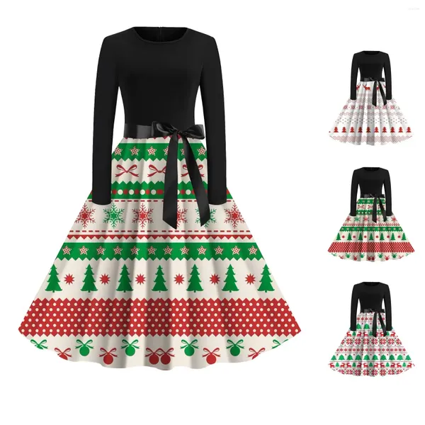 Vestidos casuais natal mulheres manga longa tripulação pescoço impresso festa vintage vestido patchwork cocktail zíper balanço