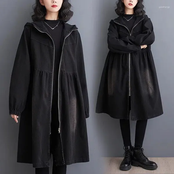 Kadın trençkotları retro yıkanmış büyük boy kot ceket 2024 erken bahar gündelik gevşek siyah kapüşonlu fermuar kot pantolon rüzgarlık ceket dış giyim