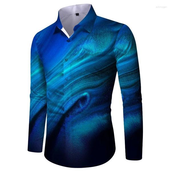 Camisas Casuais Masculinas 2023 Hawaii Manga Longa 3D Impresso Camisa Slim Multi-cor