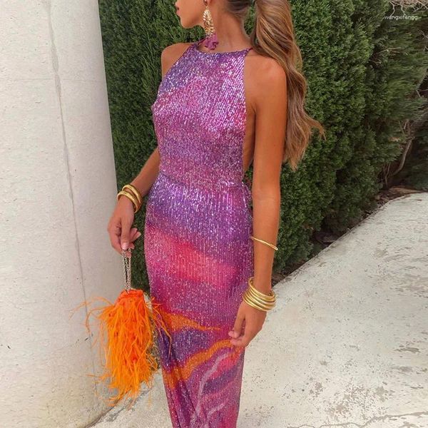 Sıradan Elbiseler Kadın Gradyan Baskı Pullu Kulübü Parti Uzun Elbise Seksi Halter Çapraz Backless Boho Maxi Bahar Yaz Yüksek Bölünmüş Bayan