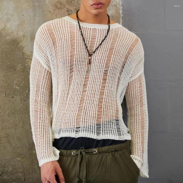 Erkek Sweaters Mens Hollow See-Through Seksi Örme Süvari Sonbahar Cinsiyetsiz Gece Kulübü Elastik Gevşek Çok Yönlü Uzun Kollu UNISEX