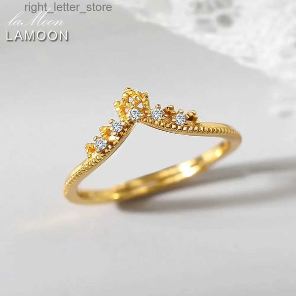 Anel solitário LAMOON Anéis de casamento vintage 925 anel de prata esterlina princesa coroa CZ diamante K banhado a ouro anel de proposta de noivado RI062 YQ231207