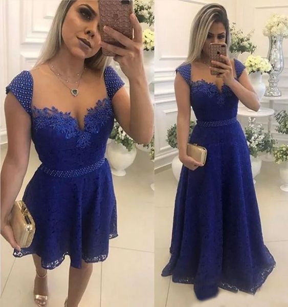 Abiti da sera Blu royal Abito da ballo Party A Line Formale O-Collo Applique In rilievo Personalizzato Taglie forti Cerniera Allacciatura Illusion Nuovo Senza maniche Pizzo Due pezzi