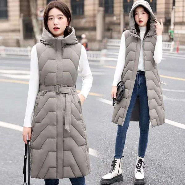 Damenwesten 2024 Winter Baumwollweste Gürtel Langes gefüttertes Tanktop Winddichte Kapuze Inflator Parkr Warmer Schneemantel Outwear Weiblich