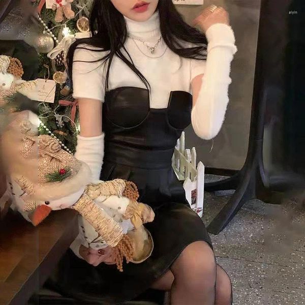 Vestidos casuais branco harajuku camisa de manga longa mulher preto kawaii mini vestido y2k estética indie duas peças conjunto roupas de moda coreana