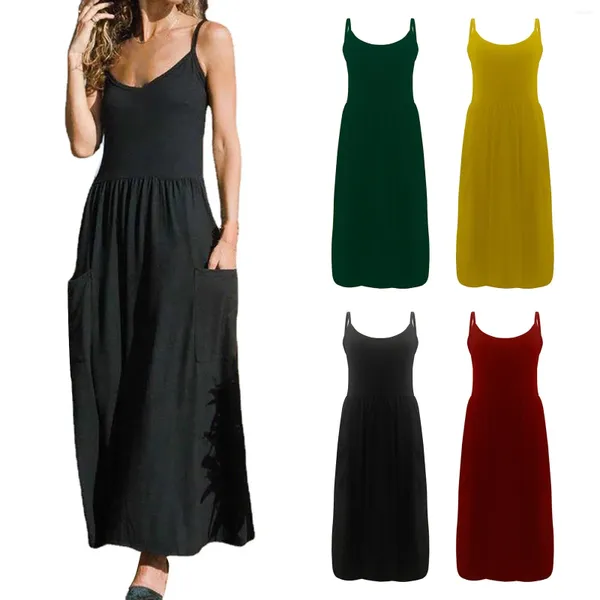 Casual Dresses Sexy Women Maxi Dress With Pockets Loose Sling Female Summer Sleeveless V-neck Vest Long Elegant Party Vestidos