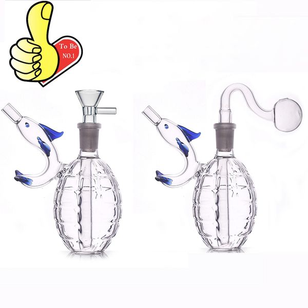 Granata anticarro all'ingrosso Forma narghilè Mini 14mm femmina Cartone animato Simpatico delfino Vetro Tabacco Bong Acqua Dab Rig Bong tubo per fumare erba secca con ciotola bruciatore a nafta