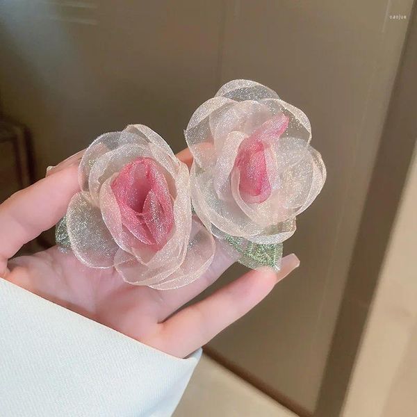 Brincos de garanhão coreano 2023 design de verão rosa grande flor de pano para mulheres fio transparente pendientes brincos