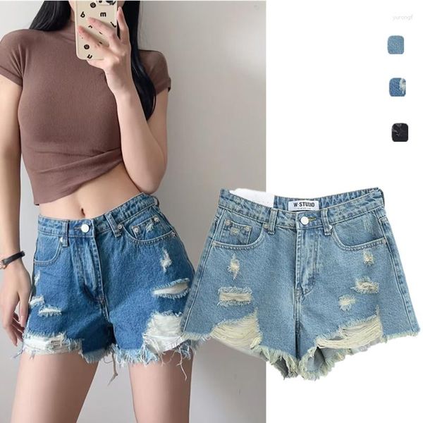 Jeans femininos americano retro cintura alta moda rasgado emagrecimento denim shorts hong kong estilo menina borla magro ajuste calças sexy