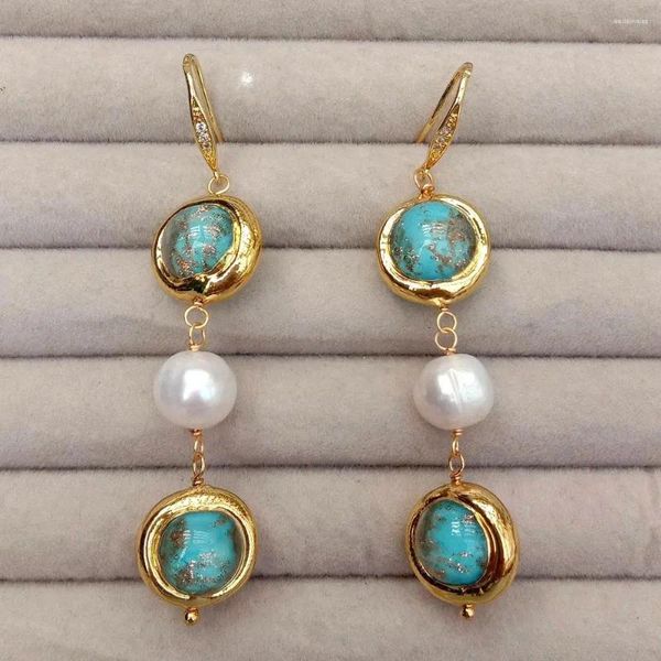 Orecchini pendenti KKGEM perla bianca coltivata da 10 mm e gancio in vetro di Murano blu da 16 mm fatti a mano per le donne che festeggiano