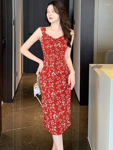 Lässige Kleider Rote Blumenschleife Quadratischer Kragen Sling Midi Damenkleid Sommer Elegantes Festival 2023 Koreanisch, figurbetont, schick, Party