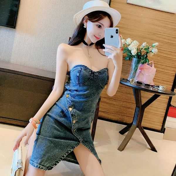 Lässige Kleider Denim Kleid 2023 Sommer Europa Mädchen Weibliche Cowboy Einreihige Knöpfe Sexy Unregelmäßige Korea Mini Tank 5627