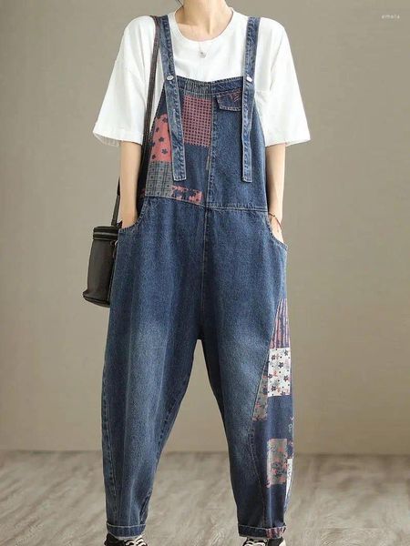 Calças de brim femininas vintage denim retalhos macacão verão moda impressão emenda streetwear tornozelo-comprimento calças de uma peça