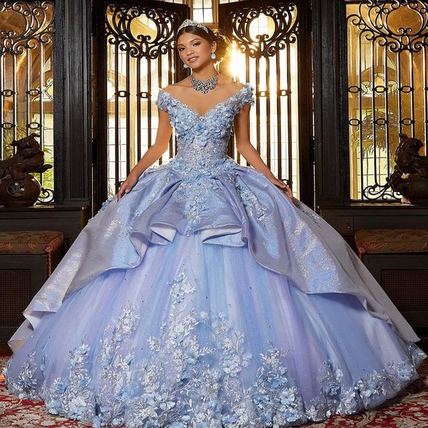 Glitter celeste al largo della spalla abito di sfera abiti stile quinceanera dolce 16 principessa pizzo perline scollo a v abiti da ballo vestido de 15 anos