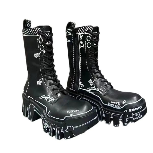 Hombres Mujeres Bulldozer hecho a mano 8 cm Suela gruesa Cuero genuino Graffiti Gear Tank Boots