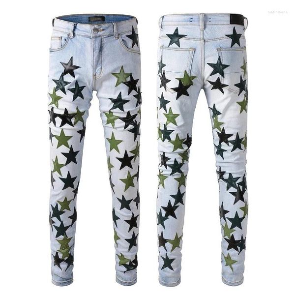 Jeans da uomo High Street per uomo Moda AM Pantaloni in denim maschile slim con toppa stellata con taglio a coltello con toppa a stella verde azzurro