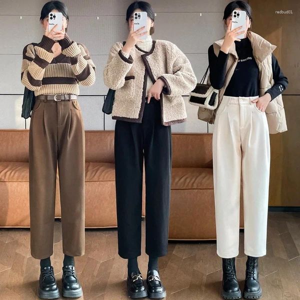Pantaloni da donna Chic di lana spessa con cintura Donna Autunno Inverno Stile coreano Pantaloni a vita alta Donna Casual allentato Gamba dritta 2023