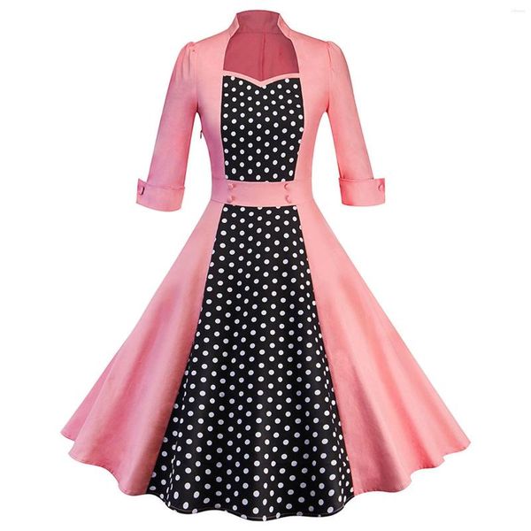 Lässige Kleider Damen Robe Retro Vintage Kleid Polka Dot Stitching 50er 60er Rockabilly Swing Pin Up Elegante Tunika Party